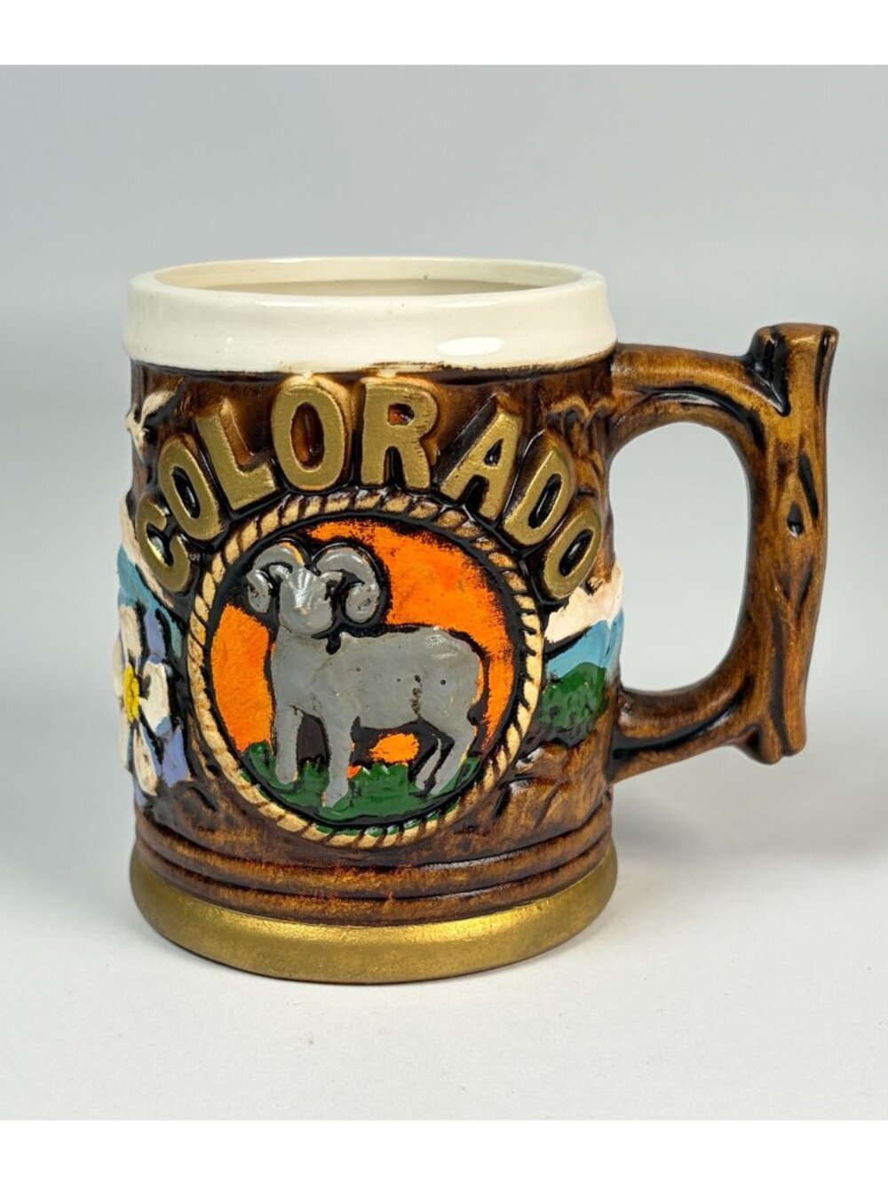 Vintage Colorado Ceramic Mug 3D Design Mountains Ram Fishing Skiing Souvenir